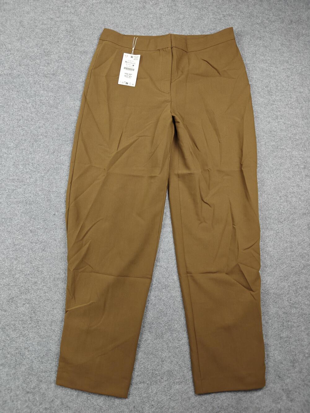 Zara Pants Womens XL Brown Dress Pants Tapered Slim Stretch Pockets Zip Button